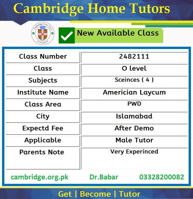 Home Tutor for Class O level in PWD Islamabad
