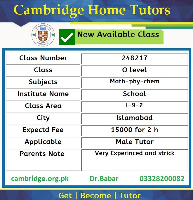 Home Tutor for Class O level in I-9-2 Islamabad