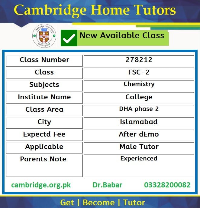 Home Tutor for Class FSC-2 in DHA phase 2 Islamabad
