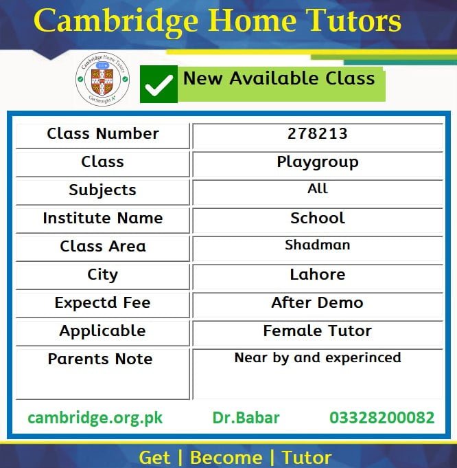 Home Tutor for Class Playgroup in Shadman Lahore