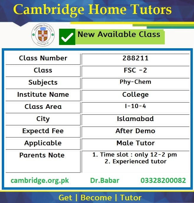 Home Tutor for Class FSC -2 in I-10-4 Islamabad