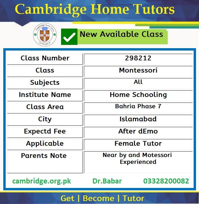 Tutor for Montessori in Bahria Islamabad