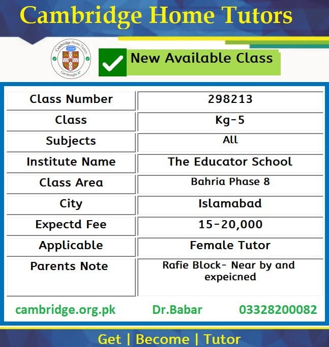 Home Tutor for Class Kg-5 in Bahria Phase 8 Islamabad
