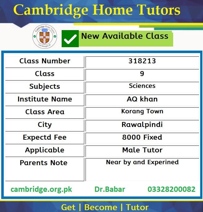 Home Tutor for Class 9 in Korang Town Rawalpindi