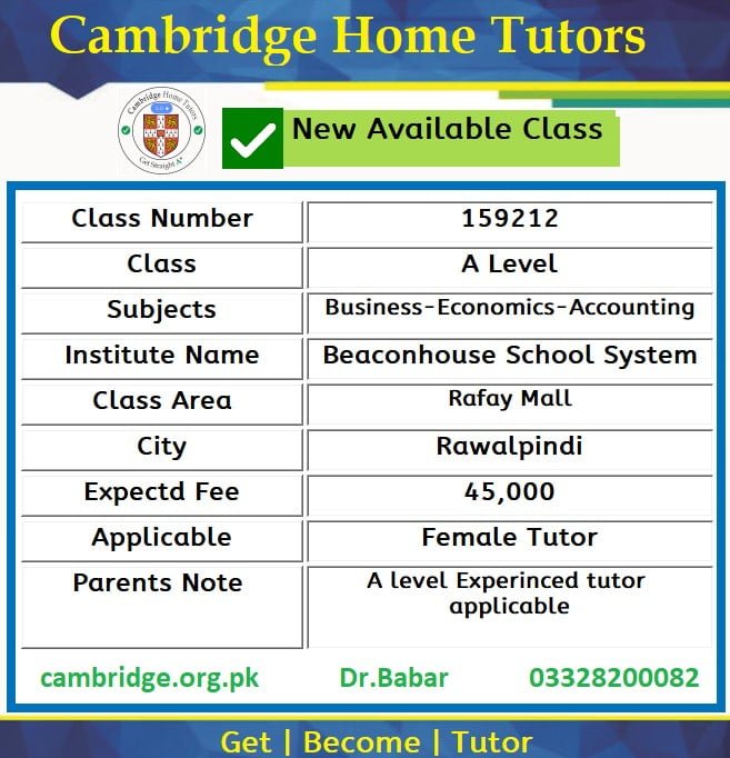 Tutor for A Level in Rafay Mall Rawalpindi