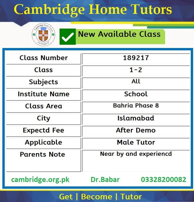 Home Tutor for Class 1-2 in Bahria Phase 8 Islamabad