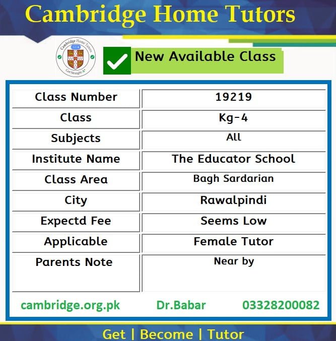 Home Tutor for Class Kg-4 in Bagh Sardarian Rawalpindi