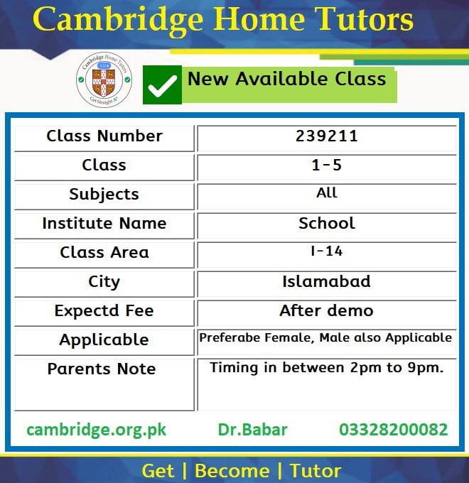 Home Tutor for Class 1-5 in I-14 Islamabad