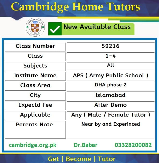 Home Tutor for Class 1-4 in DHA phase 2 Islamabad