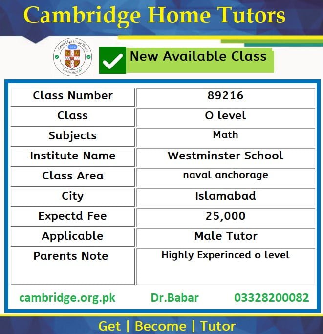 Home Tutor for O level in naval anchorage Islamabad