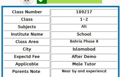 Home Tutor for Class 1-2 in Bahria Phase 8 Islamabad