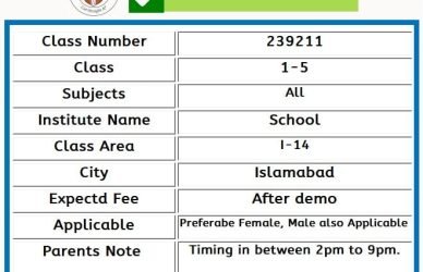 Home Tutor for Class 1-5 in I-14 Islamabad
