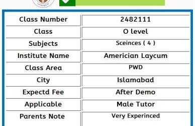 Home Tutor for Class O level in PWD Islamabad