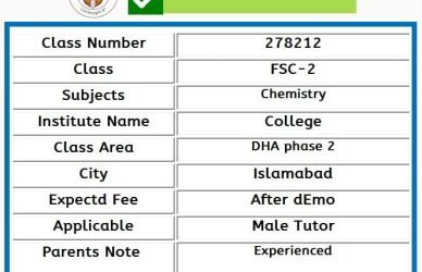 Home Tutor for Class FSC-2 in DHA phase 2 Islamabad