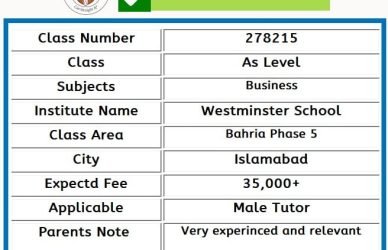 Tutor for As Level in Bahria Phase 5 Islamabad