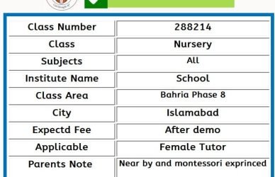 Home Tutor for Class Nursery in Bahria Phase 8 Islamabad