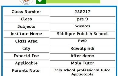 Tutor for Class pre 9 in PWD Rawalpindi