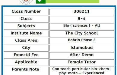 Home Tutor for Class 9-4 in Bahria Phase 2 Islamabad