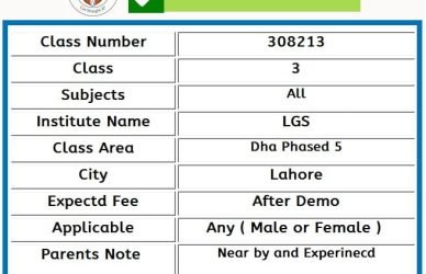 Home Tutor for Class 3 in Dha Phased 5 Lahore